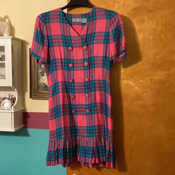 90s bright plaid preppy business dress Sz 6 petite - Picture 2 of 7